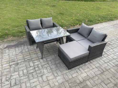 Fimous Garden Furniture Sets 4 Pieces Wicker Rattan Furniture Manual Wicker Patio Sofa Patio Conversation Set with Big Footstool Dark Grey Mixed