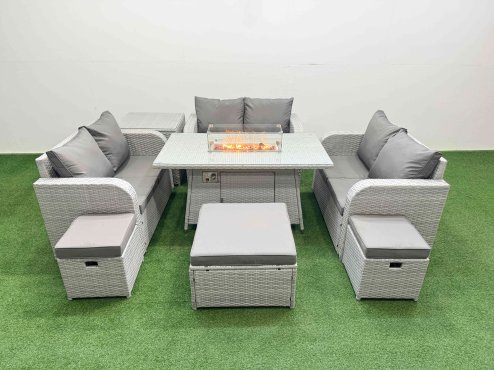 Fimous 9 Seater PE Wicker Rattan Furniture Sofa Sets with Firepit Dining Table 2 Seater Love Sofa 3 Stool Side Table Light Grey