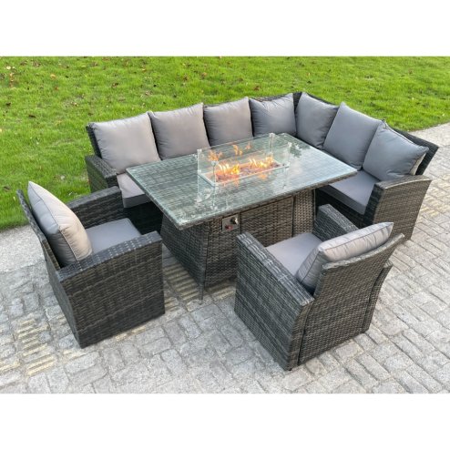 Fimous High Back Rattan Corne r Sofa Set Garden Furniture Sofa Gas Fire Pit Dining Table Gas Heater With 2 Arm Chair 8 Seater