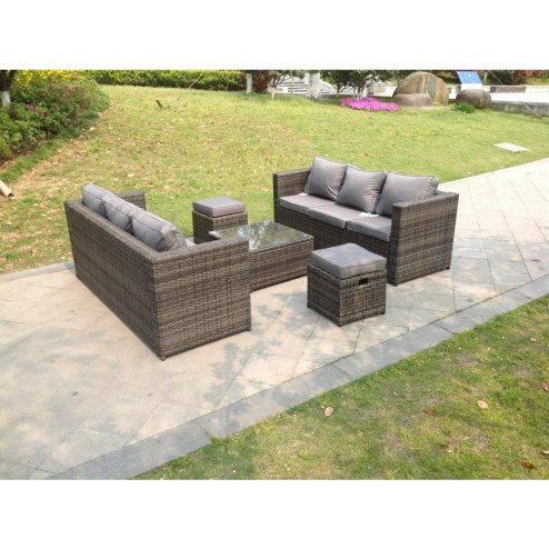Fimous Dark Grey Rattan Garden Outdoor Sofa Set Square Coffee Table Small Footstools 8 Seater