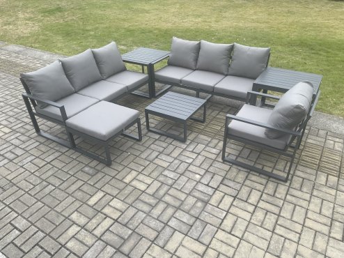 Fimous Aluminium 8 Seater Outdoor Garden Furniture Lounge Sofa Set with Square Coffee Table Chair Big Footstool 2 Side Tables Dark Grey