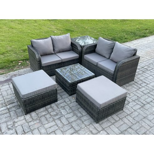 Fimous 6 Seater High Back Rattan Garden Furniture Set with Square Coffee Table 2 Big Footstool Love Sofa Indoor Outdoor Patio Lounge Sofa Set Dark Grey Mixed