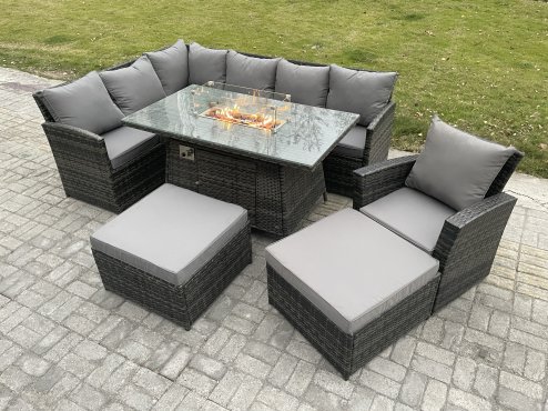Fimous 9 Seater Rattan Garden Furniture Set High Back Corner Sofa Gas Fire Pit Dining Table Sets Gas Heater with 2 Big Footstool Armchair Dark Grey Mixed