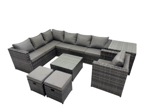 Fimous Rattan Garden Furniture Patio Furniture Sets with Corner Sofa Chair Square Coffee Table Side Table 2 Small Footstools Dark Grey Mixed