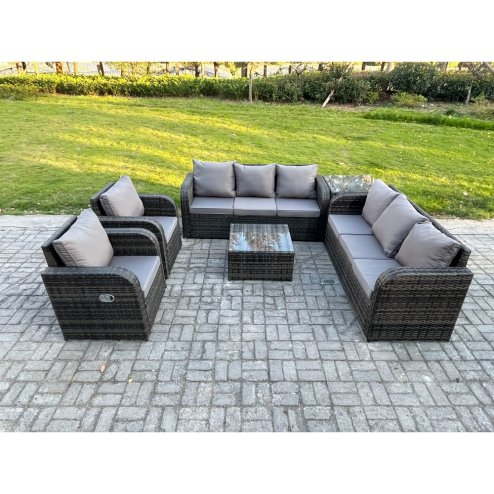 Fimous High Back Rattan Garden Furniture Set with Square Coffee Table Side Table Indoor Outdoor Patio Lounge Sofa Set Dark Grey Mixed