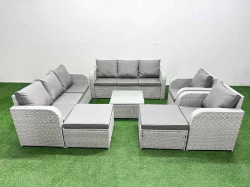Fimous PE Rattan High Back Lounge Sofa Set Patio Square Coffee Table & Chairs Set with 3 Seater Sofa Reclining Chair 2 Big Footstool Light Grey