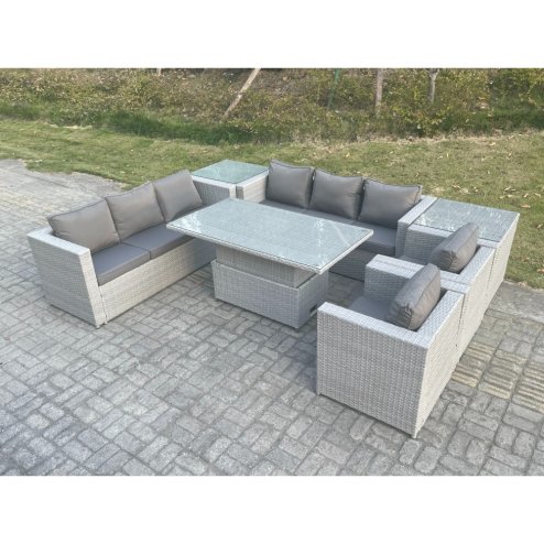 Fimous Rattan Garden Funiture Set Adjustable Rising Lifting Table Sofa Dining Set Lounge Sofa 2 Arm Chair 2 Side Table