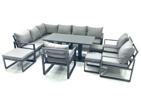 Fimous Aluminum Outdoor Garden Furniture Set Corner Sofa 3 Chair 3 Footstools Adjustable Rising Lifting Dining Table Sets Dark Grey