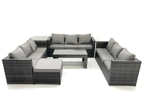 Fimous Outdoor Garden Furniture Set 10 Seater Rattan Sofa Set with Coffee Table Big Footstool Side Table Dark Grey Mixed