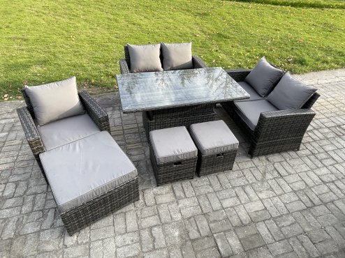 Fimous Outdoor Rattan Patio Furniture Set Garden Lounge Sofa Set with Rising Lifting Table 3 Footstools Dark Grey Mixed
