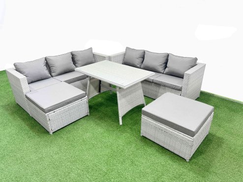 Fimous Rattan Garden Furniture Dining Set 8-seater Patio Rectangular Table 3 Seater Sofa Set with 2 Big Stools Light Grey