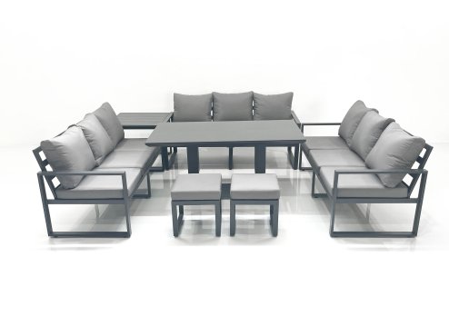 Fimous 11 Seater Garden Sofa Set Aluminium Furniture Rising Dining Tabe Set with Side Table 2 Small Footstools Dark Grey