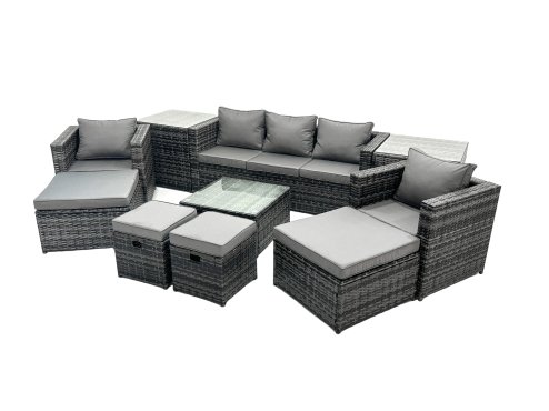 Fimous Outdoor Rattan Garden Furniture Set 9 Seater Patio Lounge Sofa Set with Armchair Square Coffee Table 2 Side Tables 4 Footstool Dark Grey Mixed