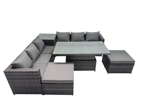 Fimous 8 Seater Outdoor Corner Sofa Height Adjustable Rising Lifting Table Set Garden Rattan Furniture Set with 2 Big Stools Side Table Dark Grey