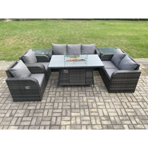 Fimous 7 Seater PE Wicker Outdoor Rattan Garden Furniture Set Propane Gas Fire Pit Table and Sofa Chair set with 2 Side Tables