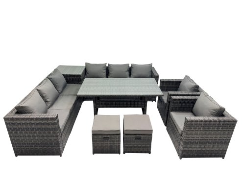 Fimous Outdoor Corner Sofa Chair Dining Table Set Garden Rattan Furniture Set 10 Seater with Side Table 2 Small Stool Dark Grey