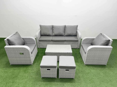 Fimous PE Rattan Garden Furniture Set Reclining Chair Sofa Lounge Sofa Set Oblong Coffee Table 2 Small Stools Light Grey