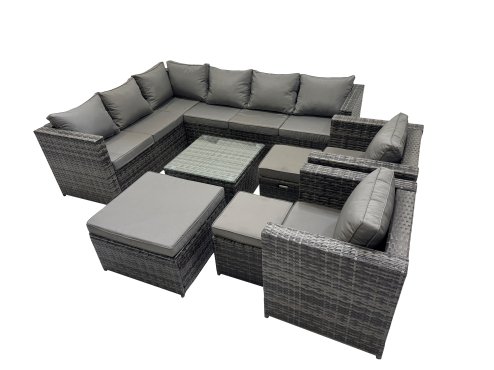 Fimous Rattan Garden Furniture Patio Furniture Sets with Corner Sofa 2 Chairs Square Coffee Table 3 Footstools Dark Grey Mixed