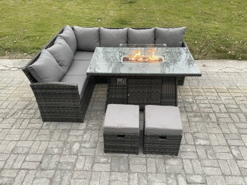 Fimous Rattan Garden Furniture High Back Corner Sofa Gas Fire Pit Dining Table Sets Gas Heater with 2 Small Footstools 8 Seater Dark Grey Mixed