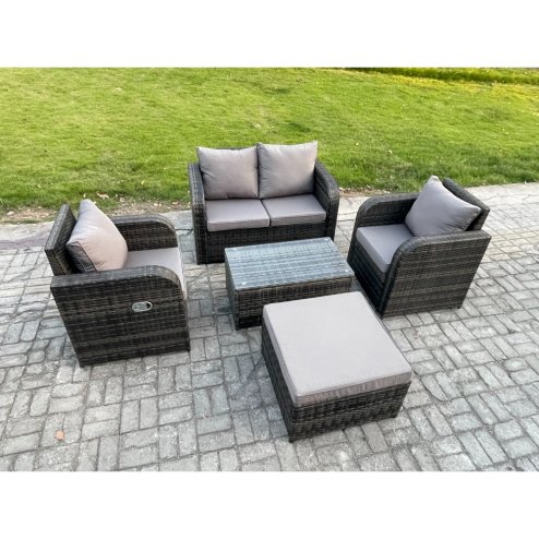Fimous 5 PC Outdoor PE Rattan Garden Furniture Set Wicker Love Sofa Coffee Table 2 Armchair Big Footstool Dark Grey Mixed