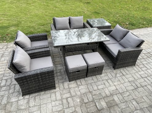 Fimous Rattan Garden Furniture Set 8 Seater Patio Outdoor Lounge Sofa Set with Oblong Dining Table Double Seat Sofa Side Table 2 Small Footstools Dark Grey Mixed