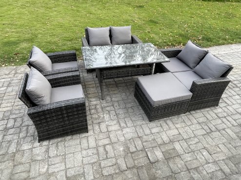 Fimous Rattan Garden Furniture Set 7 Seater Patio Outdoor Lounge Sofa Set with Oblong Dining Table Double Seat Sofa Big Footstool Dark Grey Mixed