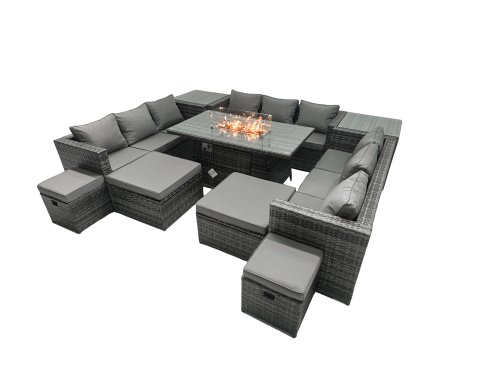 Fimous Rattan Garden Furniture Firepit Dining Set 13 Seater Lounge Sofa Table Set with 4 Footstools 2 Side Tables