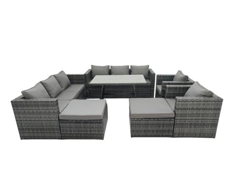 Fimous Rattan Dining Table Sofa Set with Armchair 2 Big Footstools Outdoor 10 Seat Garden Furniture Set Dark Grey Mixed