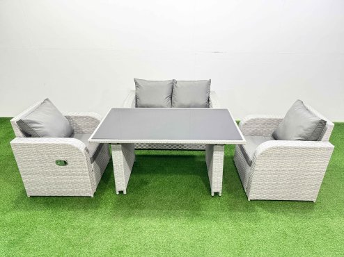 Fimous Outdoor Rattan Garden Furniture Dining Set 4-seater Patio Rectangular Table Love Sofa Reclining Chair Set