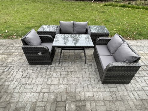 Fimous 6 Pieces Outdoor Garden Dining Sets Rattan Furniture With Dining Table Armchairs Love Sofa 2 Side Tables Dark Grey Mixed
