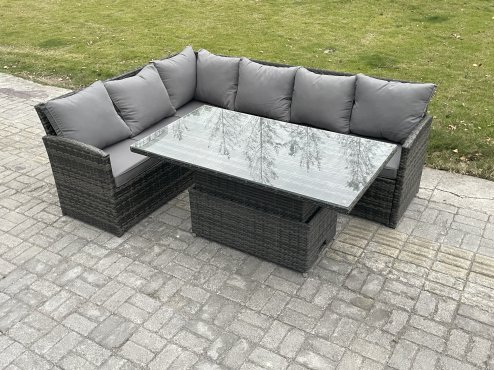 Fimous Wicker PE Outdoor Rattan Garden Furniture Set Height Adjustable Rising Lifting Table Sofa Dining Set with Dark Grey Mixed