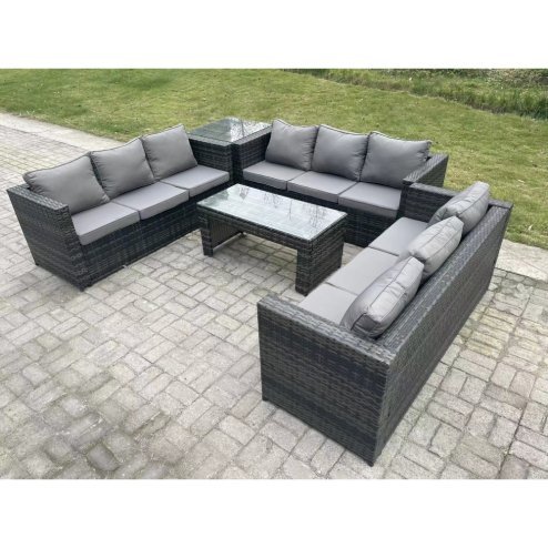 Fimous Outdoor Rattan Garden Furniture Lounge Sofa Set With Oblong Rectagular Coffee Table And Side Table