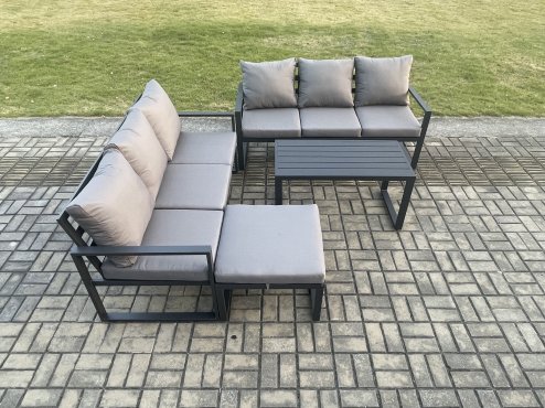 Fimous Aluminium 4 Pieces Outdoor Garden Furniture Lounge Sofa Set with Oblong Coffee Table Big Footstool Dark Grey