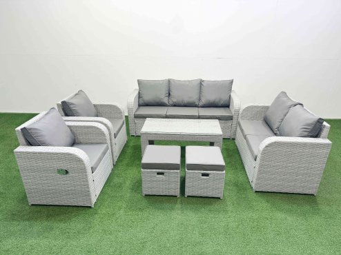 Fimous PE Rattan Garden Furniture Set Adjustable Chair Sofa Double Love Seat 2 Seater Sofa Lounge Set Rectangular Coffee Table 2 Stools Light Grey