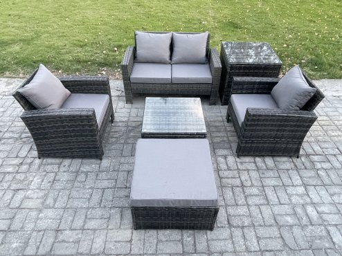 Fimous 6 PCS Outdoor Lounge Sofa Set Wicker PE Rattan Garden Furniture Set with Armchair Square Coffee Table Double Seat Sofa Big Footstool Side Table Dark Grey Mixed