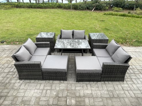 Fimous Outdoor Lounge Sofa Set Wicker PE Rattan Garden Furniture Set with Rectangular Dining Table 2 Seat Sofa 2 Big Footstool 2 Side Tables Dark Grey Mixed