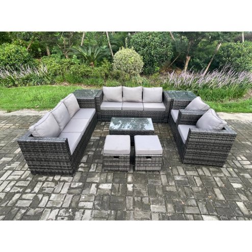 Fimous Outdoor Lounge Sofa Set Wicker PE Rattan Garden Furniture Set with 2 Armchairs Oblong Coffee Table 2 Side Tables 2 Small Footstools Dark Grey Mixed