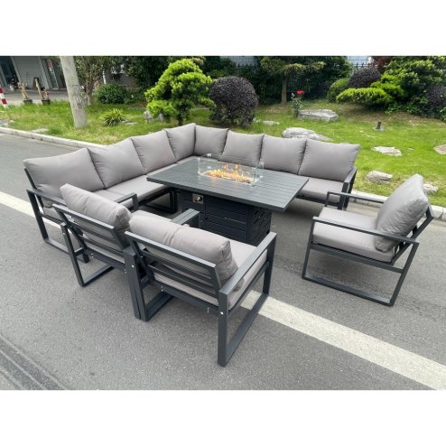 Fimous Aluminum Outdoor Garden Furniture Corner Sofa 3 PC Chairs Gas Fire Pit Dining Table Sets Gas Heater Burner Dark Grey 10 Seater