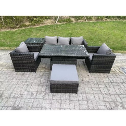 Fimous Outdoor Rattan Garden Furniture Sofa Set Adjustable Rising Lifting Dining Table Set with Side Table 2 Armchairs Big Footstool Dark Grey Mixed