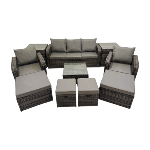 Fimous 3 Seater Sofa Reclining Chair Coffee Table Set Rattan Garden Outdoor Furniture Set with 2 Side Tables 4 Stools Dark Grey Mixed