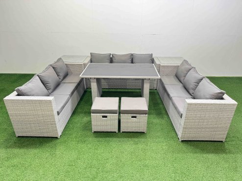 Fimous Patio Outdoor Garden Furniture Sets with Black Glass Top Dining Table 3 Seater Sofa 2 Side Tables 2 Small Stool Light Grey
