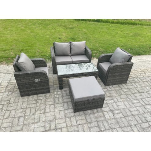Fimous Outdoor Lounge Sofa Set Rattan Garden Furniture Set with Rectangular Coffee Table Big Footstool Love Sofa Dark Grey Mixed