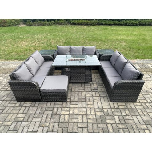 Fimous Rattan Furniture Garden Dining Set Gas Fire Pit Table With 2 Side Tables Lounge Sofa Big Footstool Dark Grey Mixed