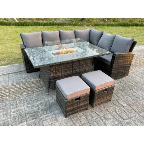 Fimous High Back Rattan Garden Furniture Sets Gas Fire Pit Dining Table Set Gas Heater Right Corner Sofa Small Footstools 8 Seater