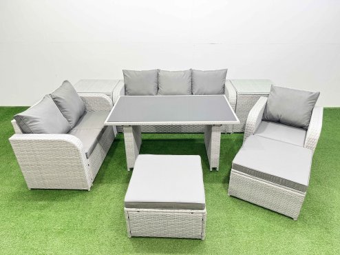 Fimous Rattan Outdoor Table Reclining Chair Sofa Set with 2 Side Tables 2 Big Stools Light Grey 8 Seater