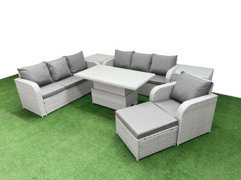 Fimous 8 Seater Poly Rattan Outdoor Garden Furniture Adjustable Lifting Dining or Coffee Table Sofa Set Patio 3 Seater Sofa Reclining Chair 3 Seater Sofa Big Footstool 2 Side Table Light Grey