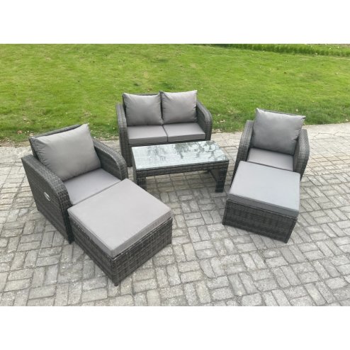 Fimous 6 Seater Rattan Wicker Garden Furniture Patio Conservatory Sofa Set with Rectangular Coffee Table Reclining Chair Love Sofa 2 Big Footstool