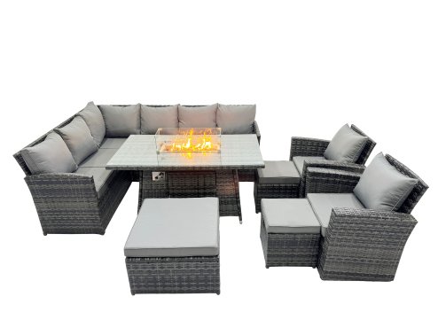 Fimous 11 Seat Poly Rattan Outdoor Patio Gas Firpit Dining Table Corner Sofa Set with 3 Stool 2 Chairs for Garden Backyard Dark Grey Mixed