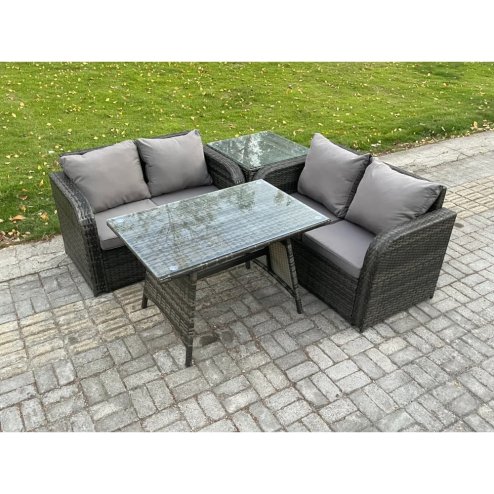 Fimous Outdoor Garden Furniture Sets 4 Pieces Wicker Rattan Furniture Sofa Sets with Rectangular Dining Table Love Sofa Side Table