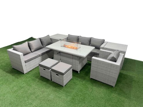 Fimous 9 Seat PE Rattan Lounge Sofa Set Outdoor Garden Furniture Set with Firepit Dining Table 3 Seater Sofa 2 Small Stools 2 Side Tables Light Grey